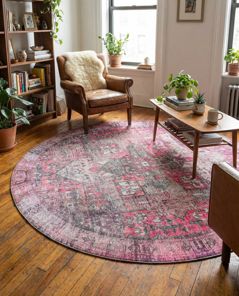 Heritage Elegance Collection Area Rug -  Windsor (Pink) Round Pink  lifestyle 50