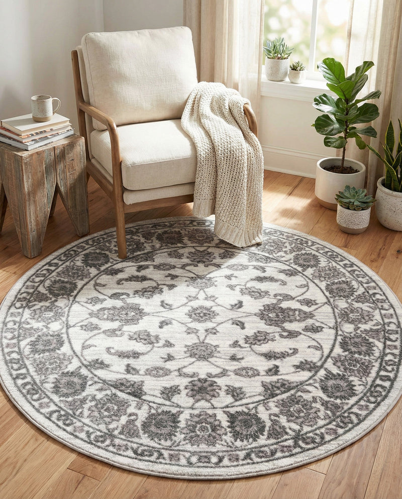 Charleston Elegance Collection Area Rug -  Seaport (white Gray) Round white Gray  lifestyle 39