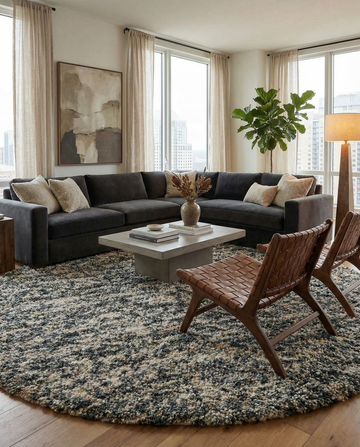 Wellington Luxe Shag Collection Area Rug - Kapiti Round Salt and Pepper  lifestyle 138