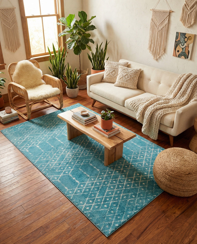 Marrakesh Lattice Collection Area Rug - Casablanca (Teal blue) Rectangle Teal blue  lifestyle 18