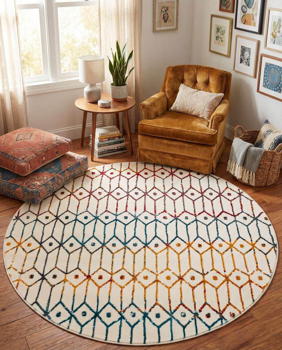 Garden Maze Retreat Collection Area Rug -  Mazeview Round Multi  lifestyle 120