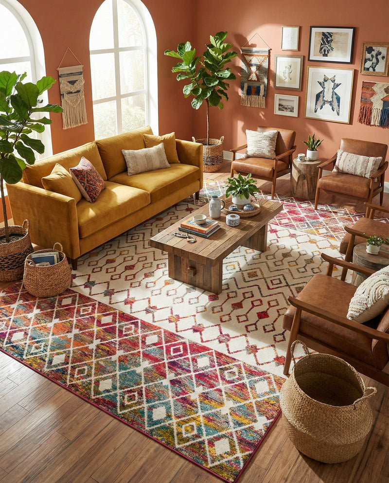 Mediterranean Lattice Collection Area Rug -  Casablanca (Ivory Multi) Rectangle Ivory Multi  lifestyle 15
