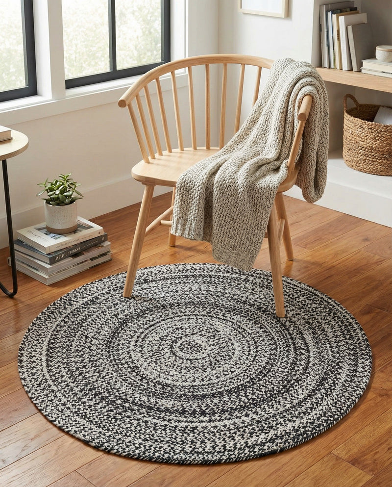Sustainable Strands Indoor-Outdoor Oasis Collection Area Rug -  Sandbar (Black and White) Round Black and White  lifestyle 60