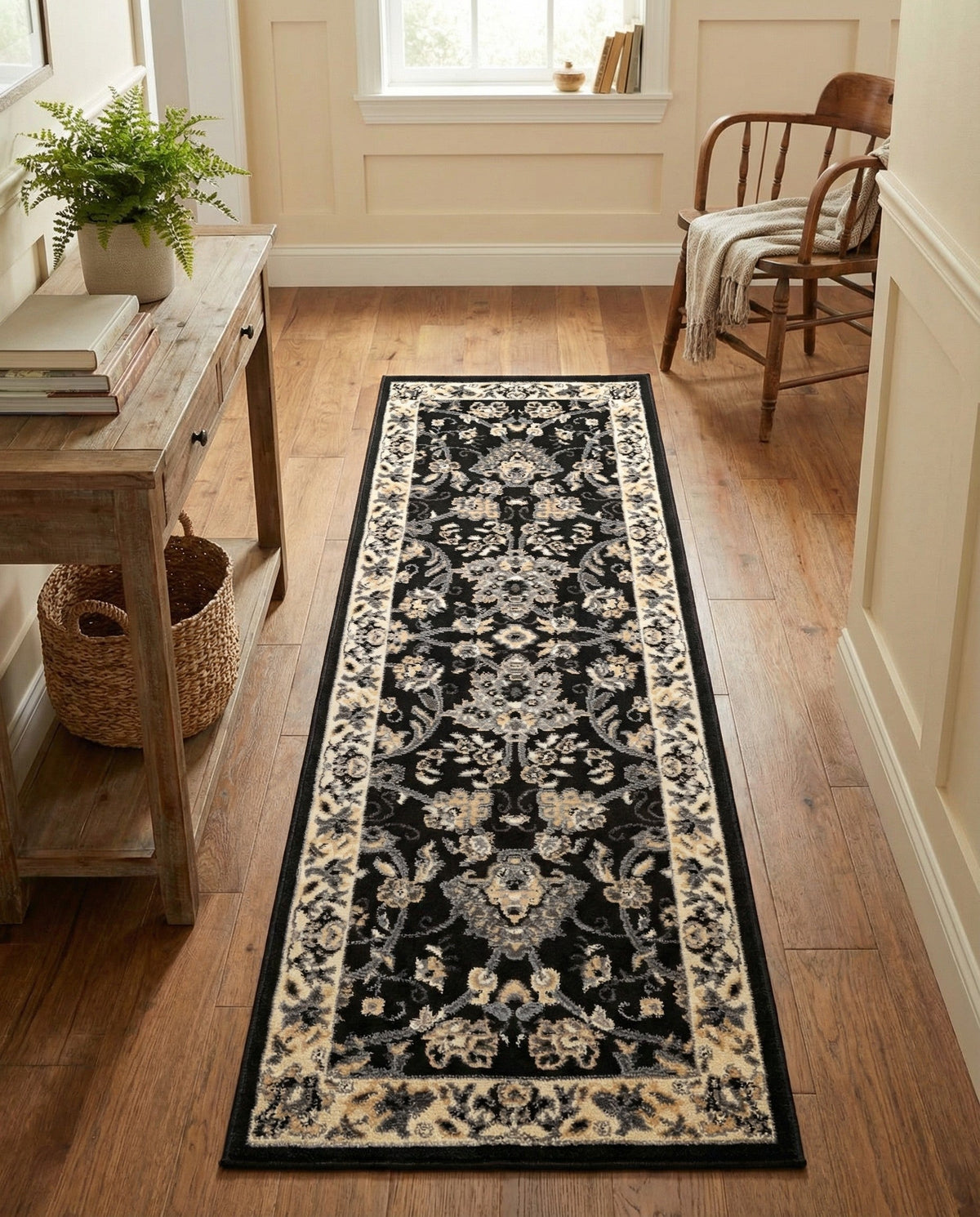Isfahan Elegance Collection Area Rug - Naghsh-e Jahan (Black) Runner Black  lifestyle 138
