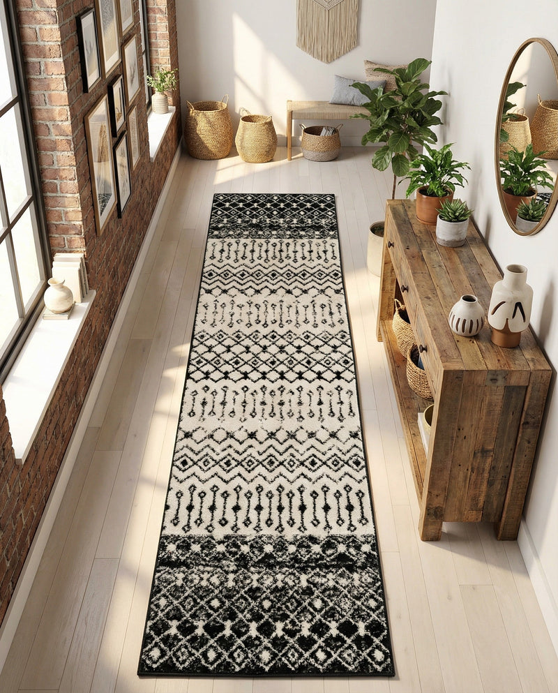 Mediterranean Lattice Collection Area Rug -  Casablanca (Black and White) Runner Black and White  lifestyle 64