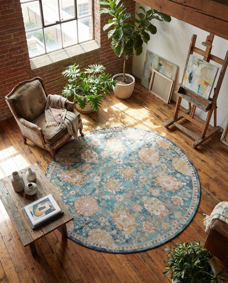 Seville Stripes Collection Area Rug -  Cordoba (Blue) Round Blue  lifestyle 72