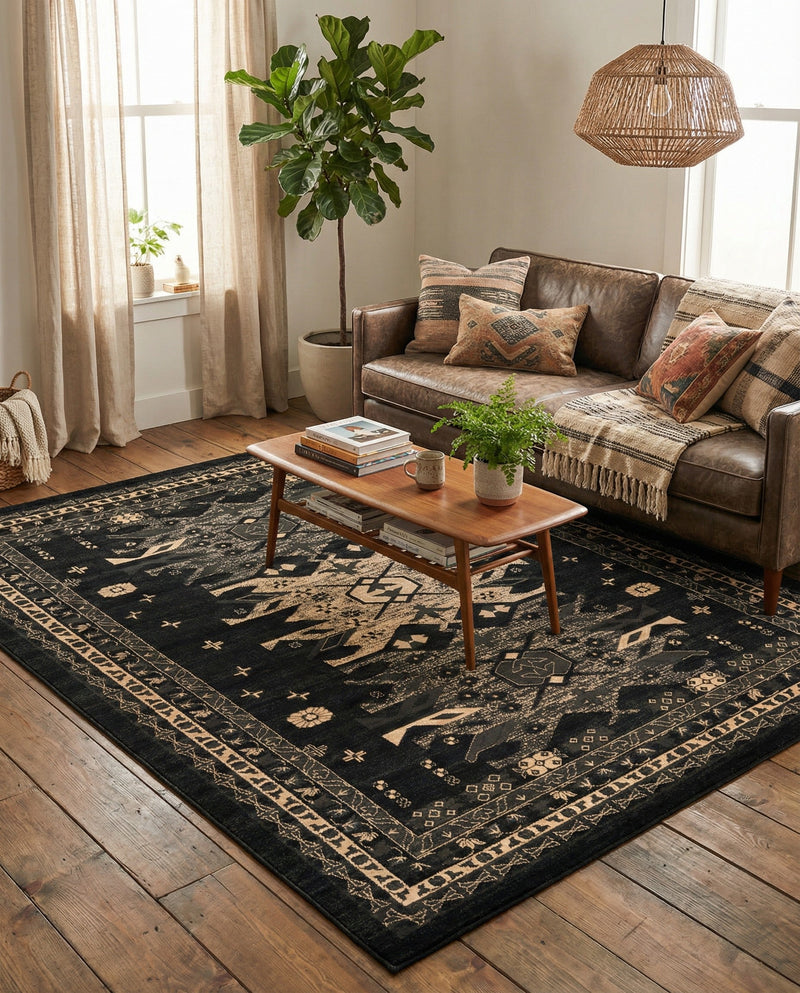 Tabriz Tapestries Collection Area Rug - Azerbaijan (Black) Rectangle Black  lifestyle 19