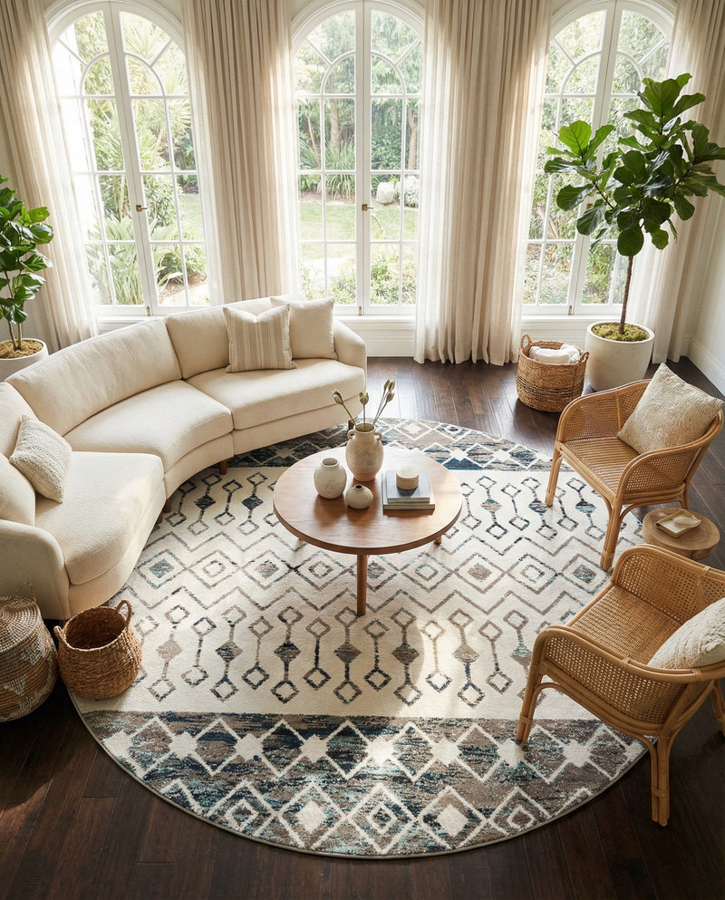 Mediterranean Lattice Collection Area Rug -  Casablanca (Ivory Gray Blue) Round Ivory Gray Blue  lifestyle 28