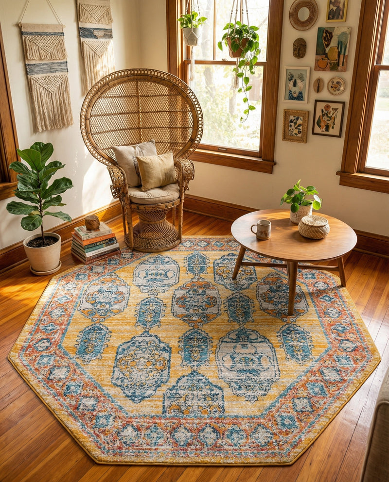 Seville Stripes Collection Area Rug -  Granada (Yellow) Octagon Yellow  lifestyle 50