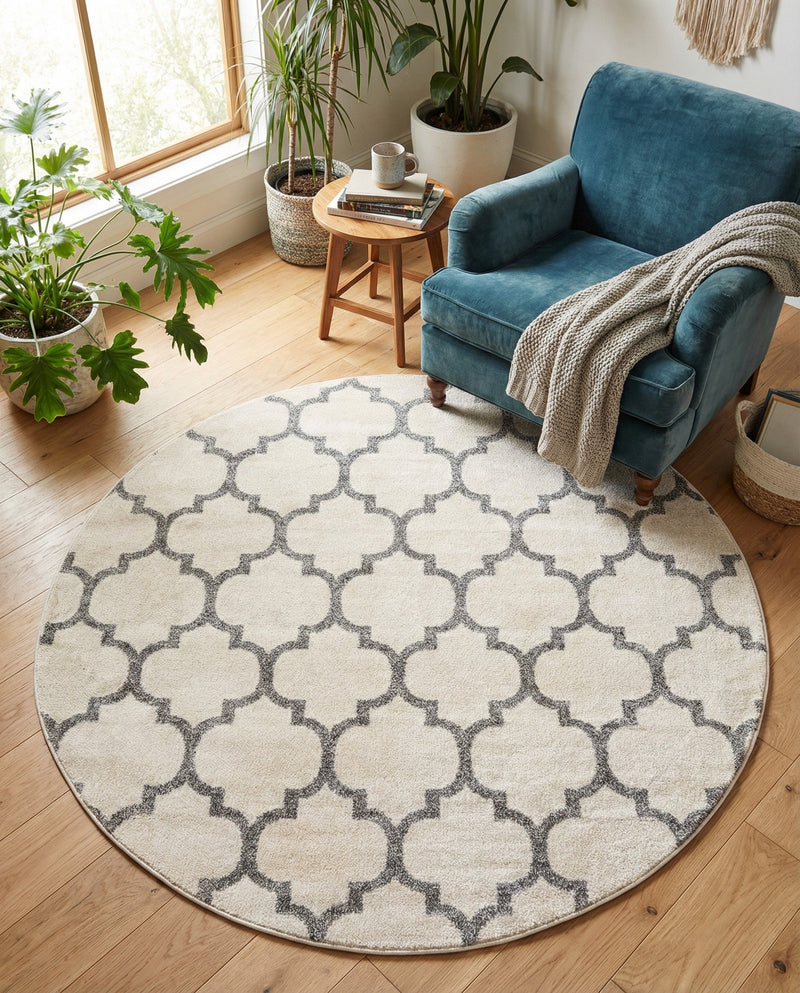 Lattice Gardens Collection Area Rug -  Bloomfield (Beige and Gray) Round Beige and Gray  lifestyle 77