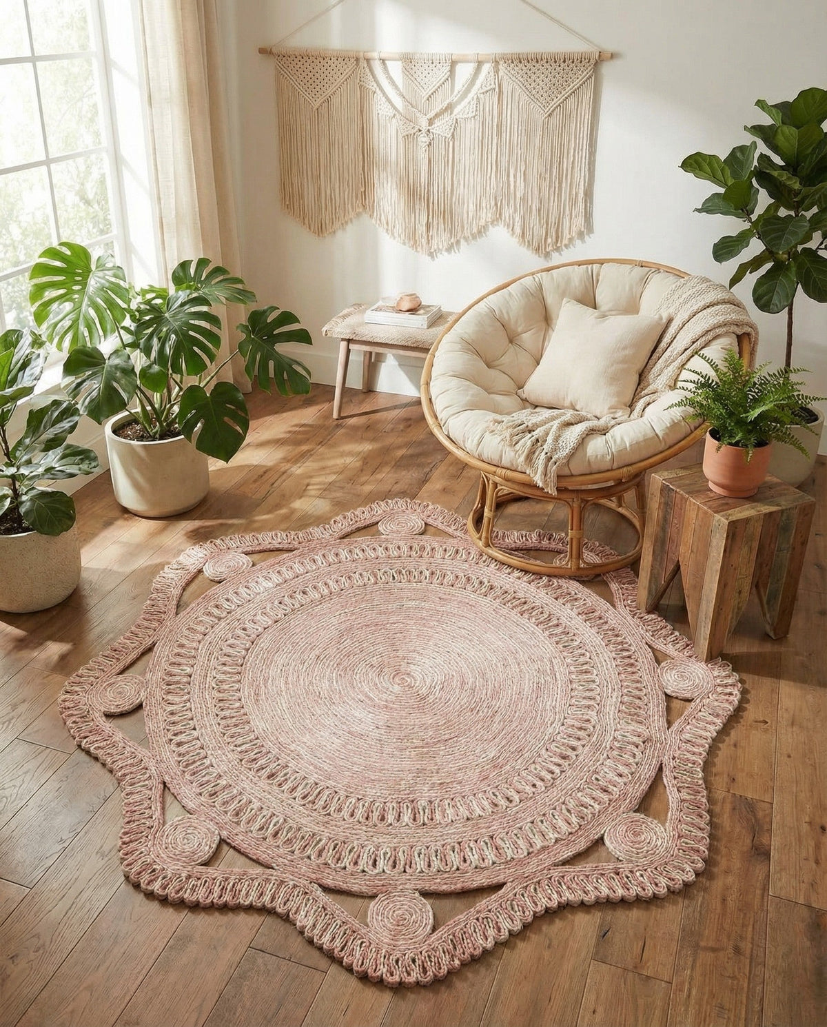 Woven Seaside Jute Collection Area Rug - Nantucket Round Pink and White  lifestyle 86