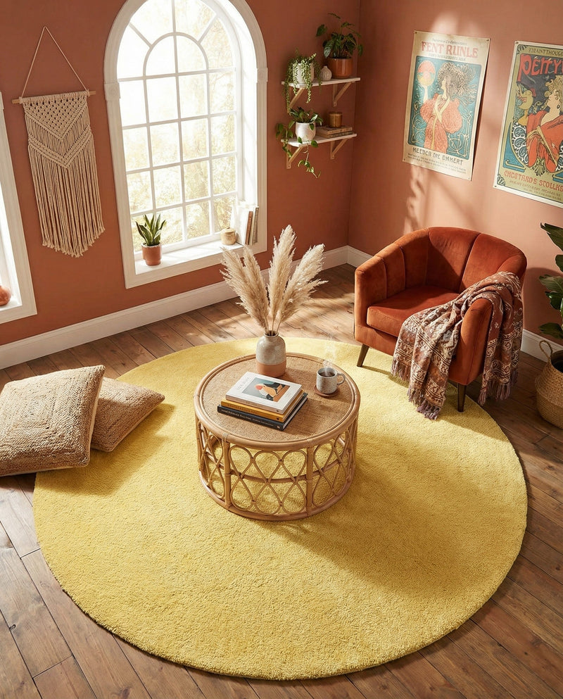 Solid Shag Seaside Collection Area Rug - Azure Cove (Yellow) Round Yellow  lifestyle 40