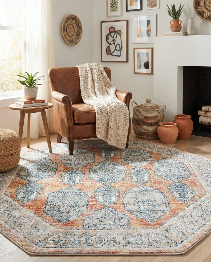 Seville Stripes Collection Area Rug -  Granada (Brick Red) Octagon Brick Red  lifestyle 72