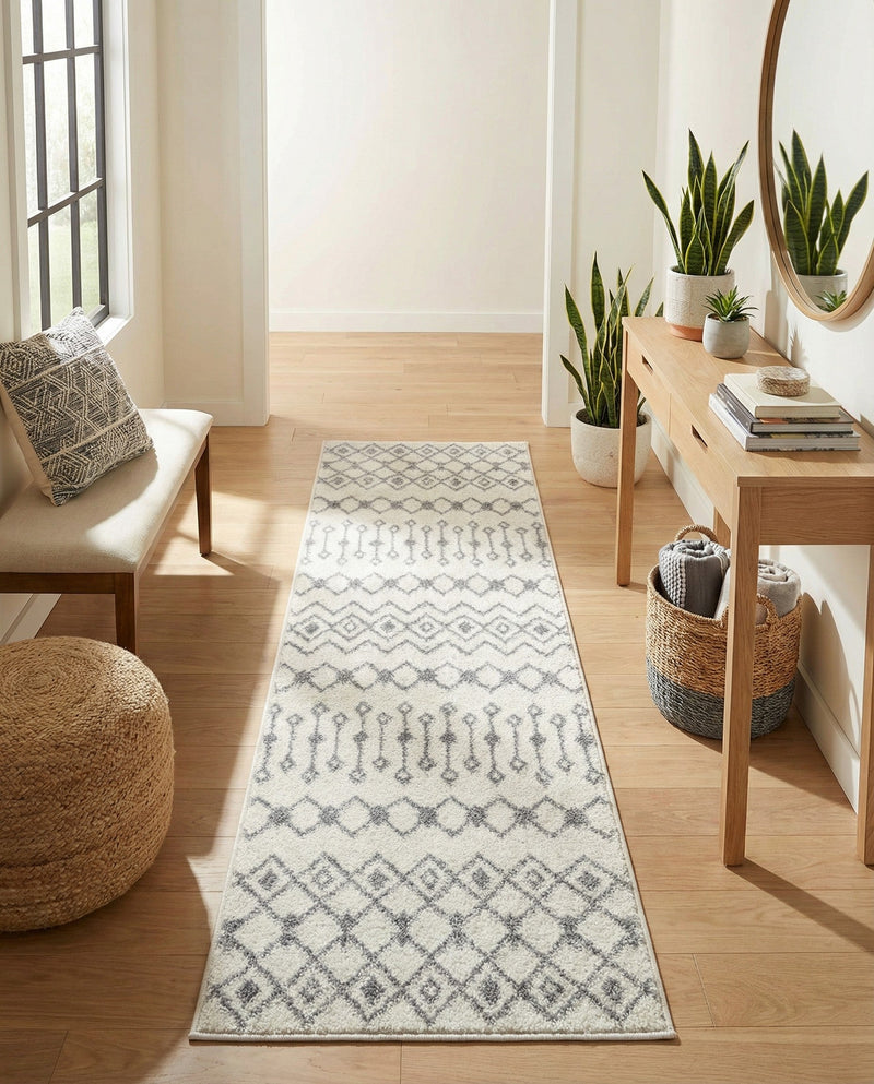 Mediterranean Lattice Collection Area Rug - Santorini (Ivory and Gray) Runner Ivory and Gray  lifestyle 74