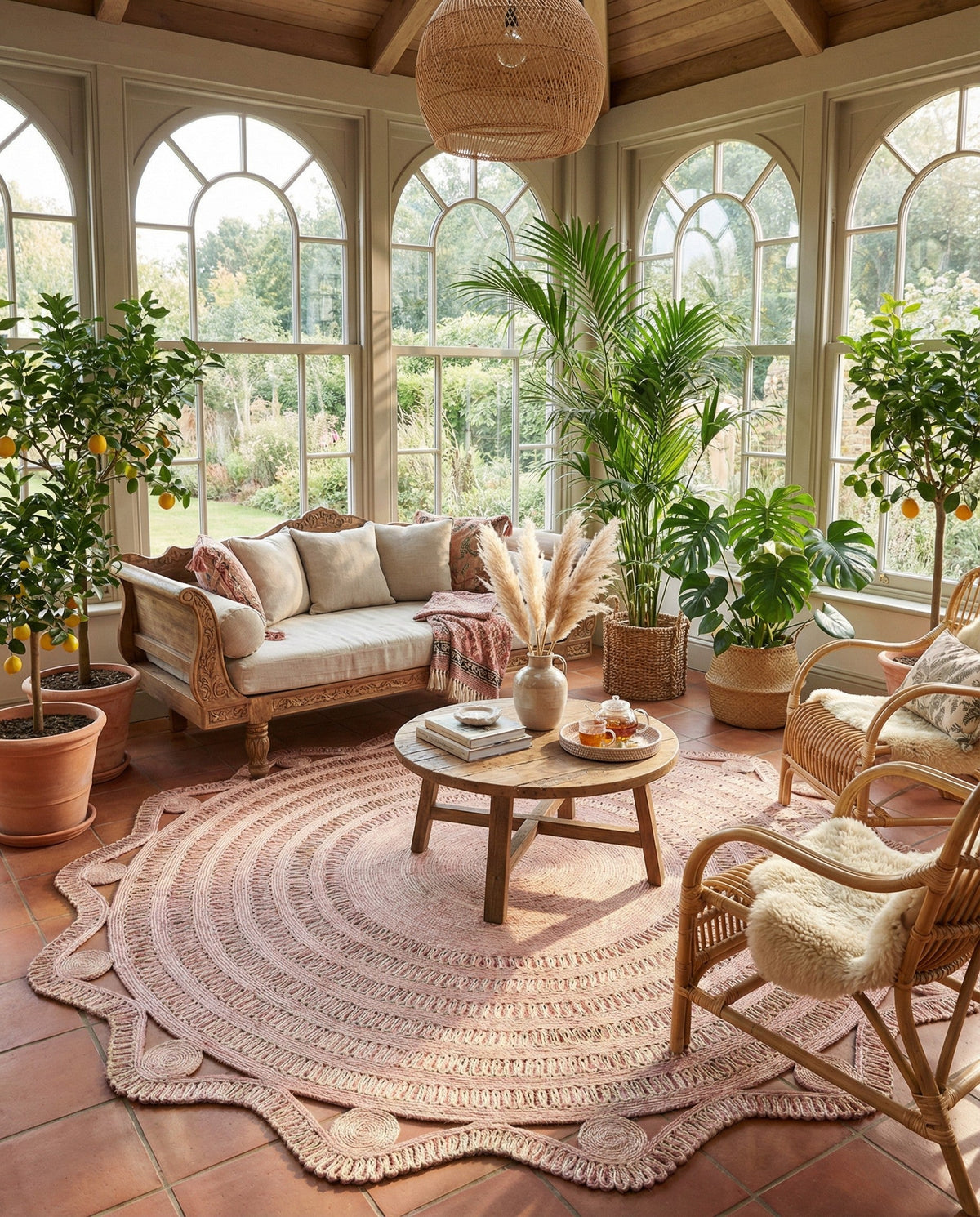 Woven Seaside Jute Collection Area Rug - Nantucket Round Pink and White  lifestyle 81