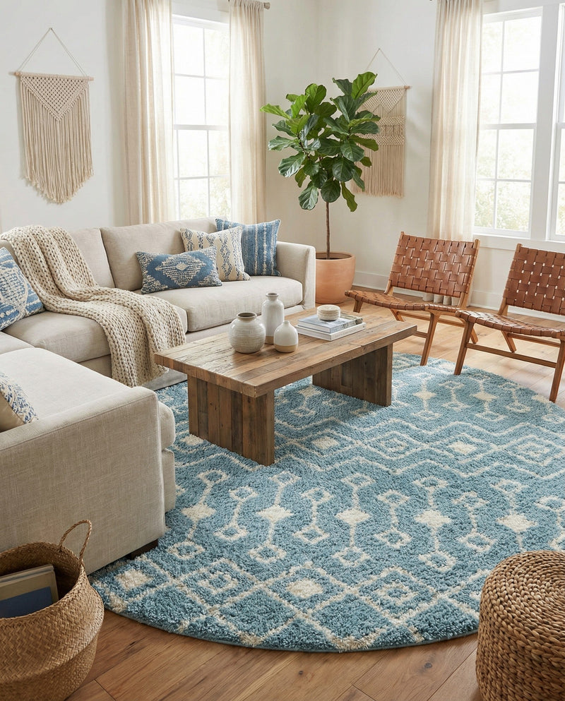 Berber Lattice Shag Collection Area Rug - Atlas (Light Blue) Round Light Blue  lifestyle 63