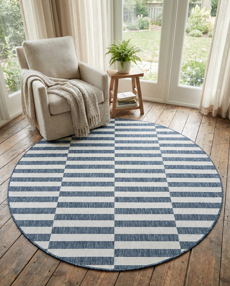 Seaside Stripes Collection Area Rug - Cabana (Blue) Round Blue  lifestyle 35