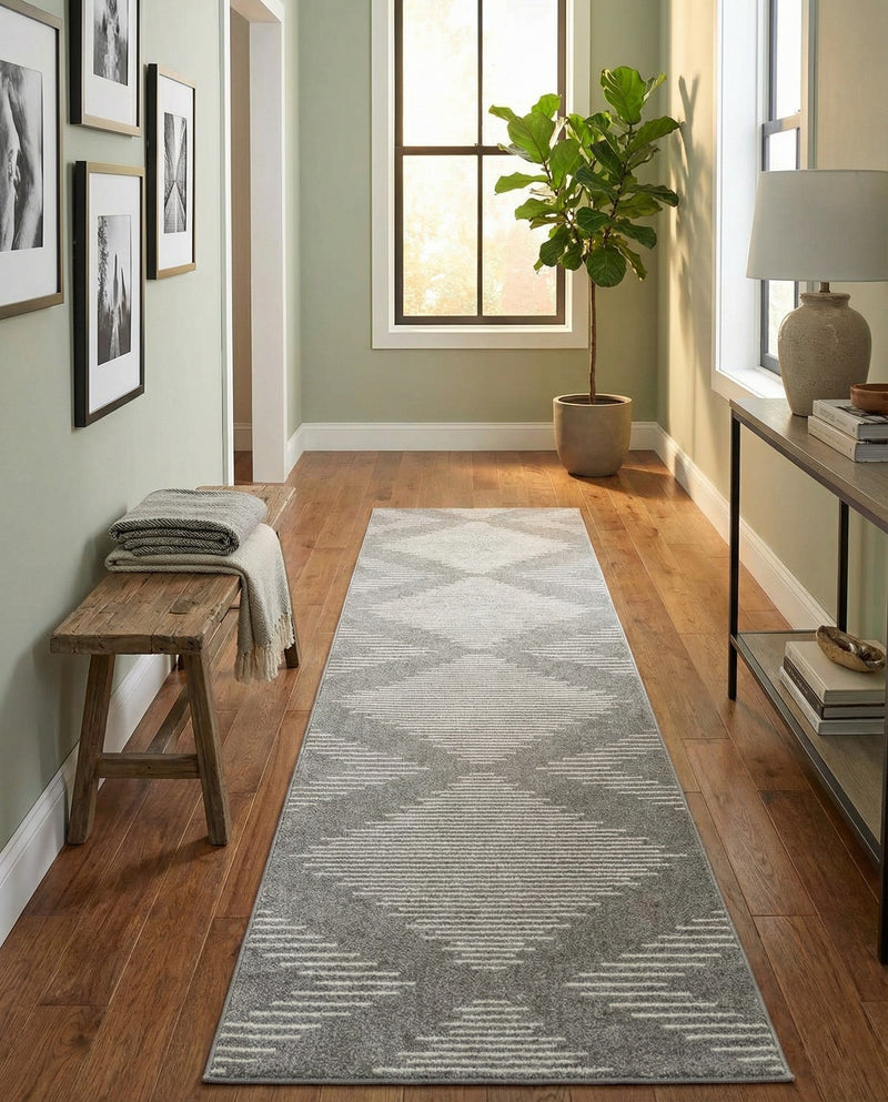 Seychelles Stripes Collection Area Rug - Mahe (Gray and Ivory) Runner Gray and Ivory  lifestyle 64