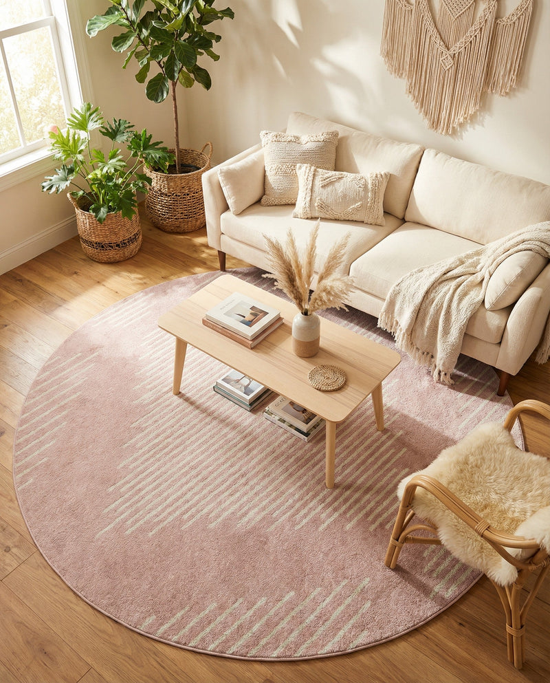 Seychelles Stripes Collection Area Rug - Mahe (Pink) Round Pink  lifestyle 36