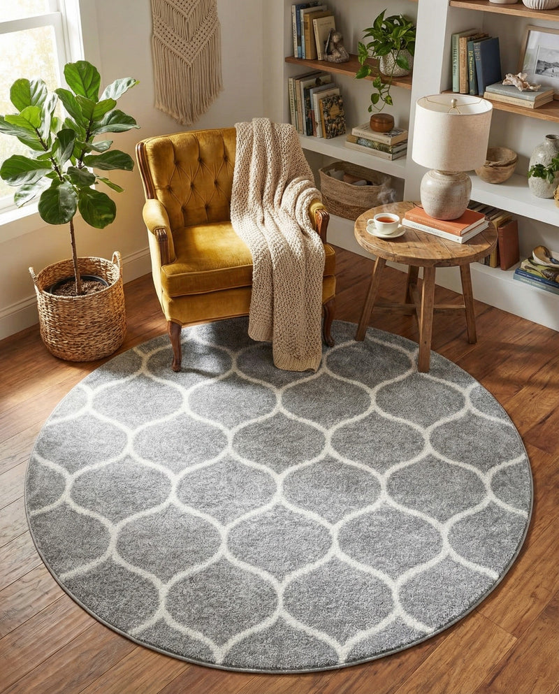 Trellis Mosaic Collection Area Rug -  Pergolatown (Light Gray) Round Light Gray  lifestyle 92
