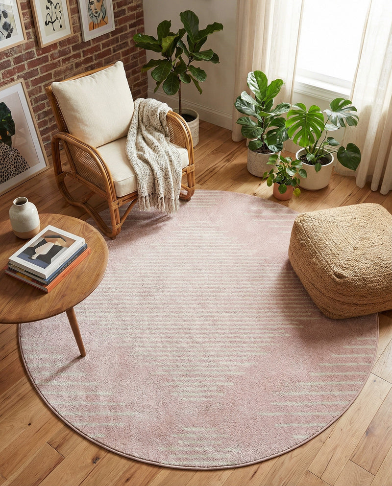 Seychelles Stripes Collection Area Rug - Mahe (Pink) Round Pink  lifestyle 39