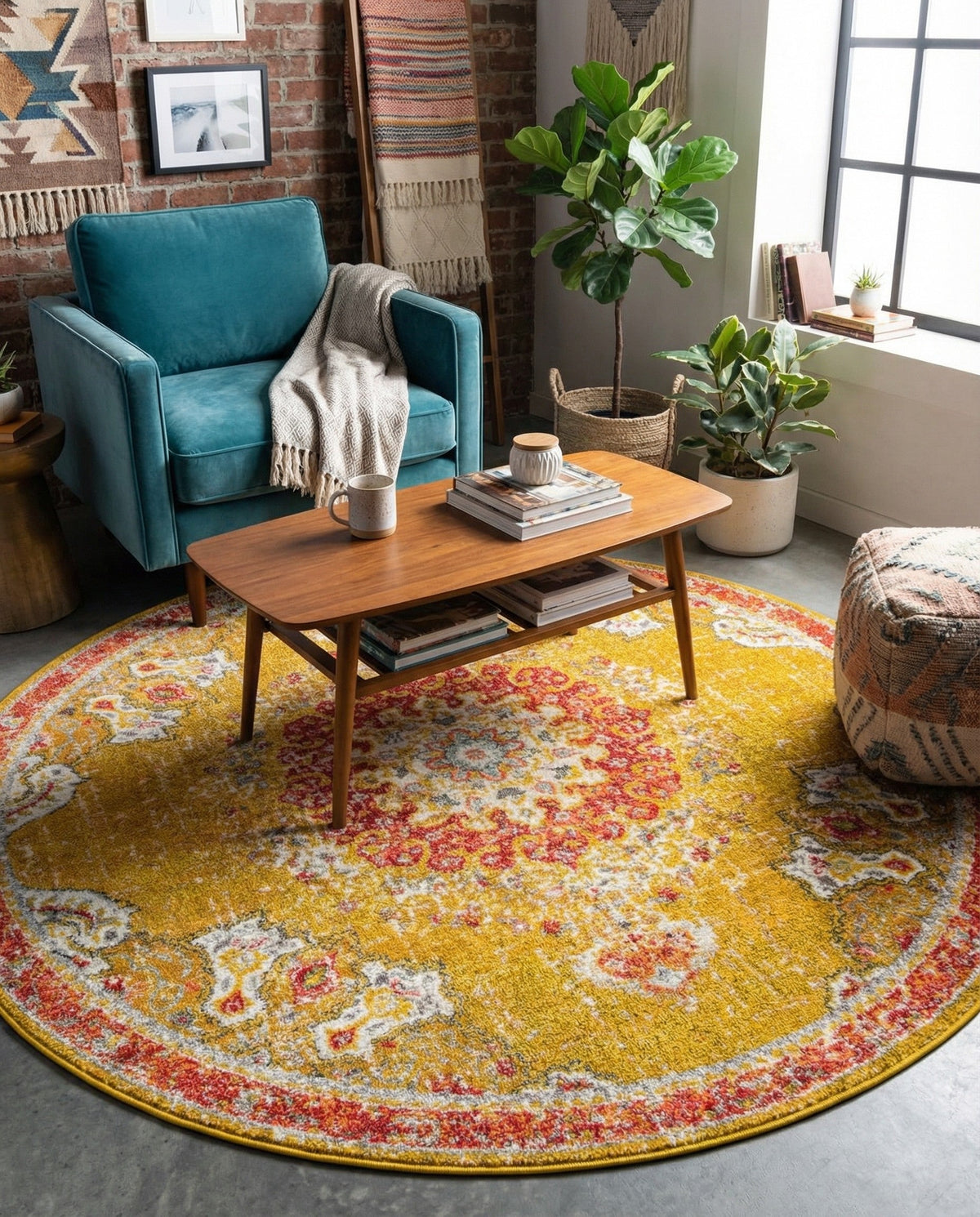 Brighton Terrace Collection Area Rug - Hove (Gold) Round Gold  lifestyle 81