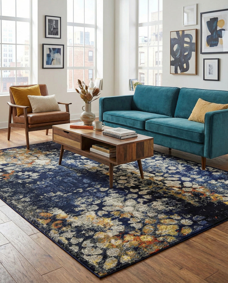 Venetian Tapestry Collection Area Rug - Murano Rectangle Navy Blue  lifestyle 52