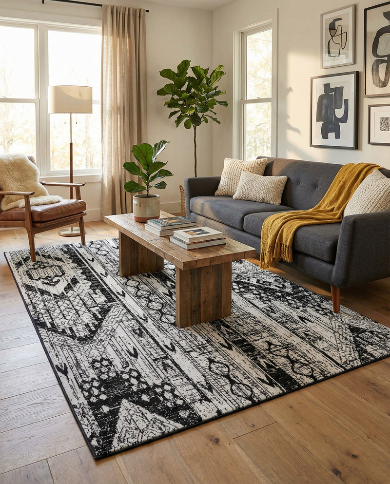 Cascade Range Collection Area Rug - Hood (Black and White) Rectangle Black and White  lifestyle 23