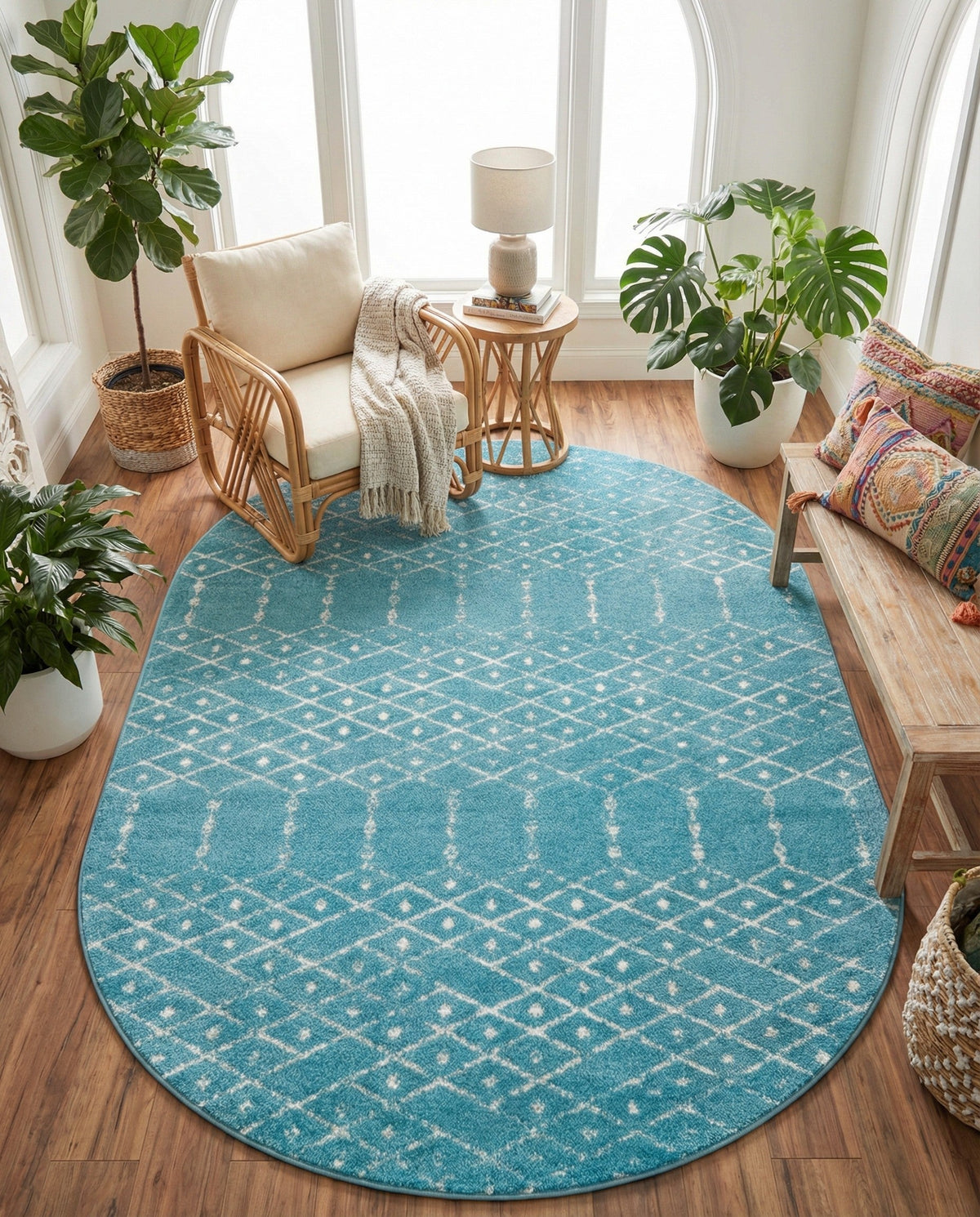 Marrakesh Lattice Collection Area Rug - Casablanca (Teal blue) Oval Teal blue  lifestyle 82