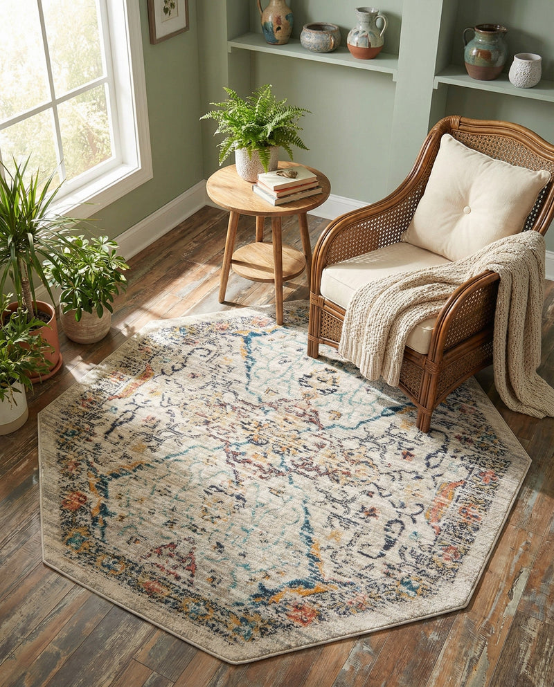 Seville Stripes Collection Area Rug -  Malaga (Ivory) Octagon Ivory  lifestyle 40