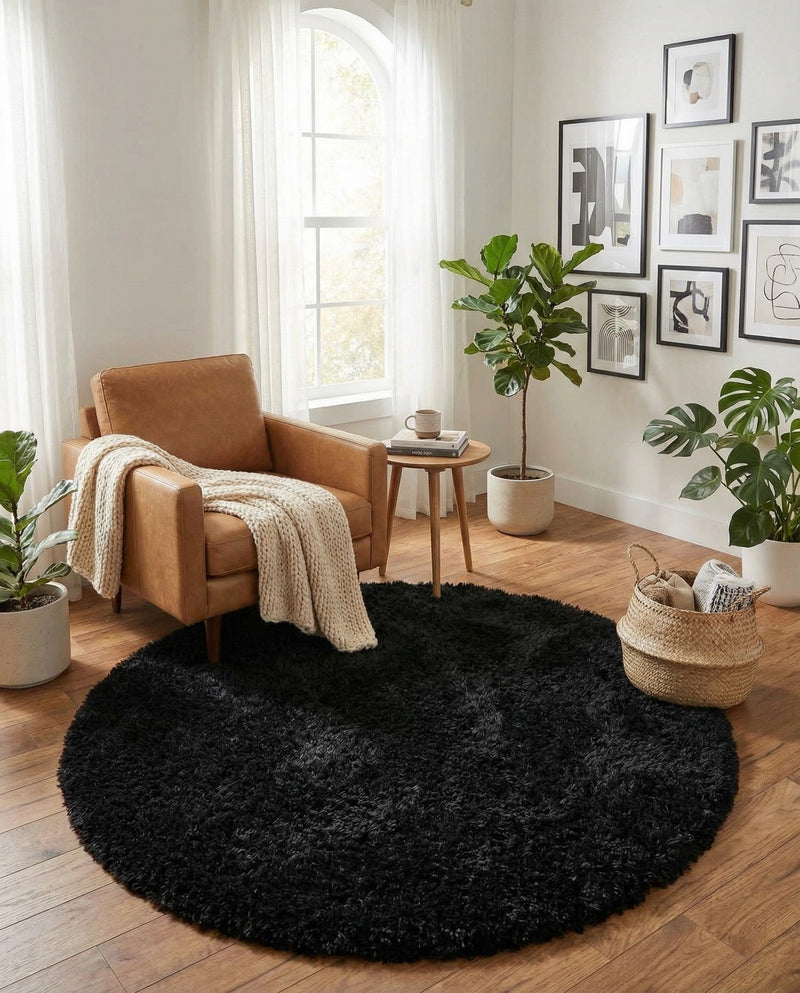 Eternal Plush Oasis Collection Area Rug -  Tranquility (Onyx Black) Round Onyx Black  lifestyle 60