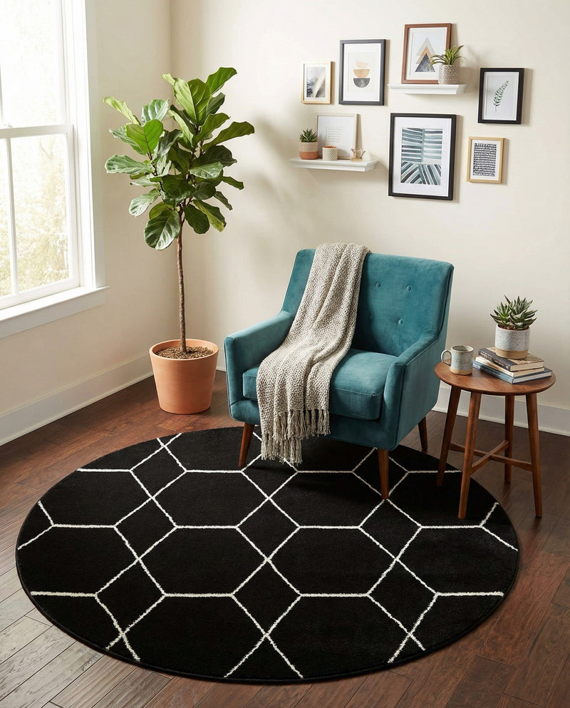 Trellis Mosaic Collection Area Rug - Arborville (Black) Round Black  lifestyle 53