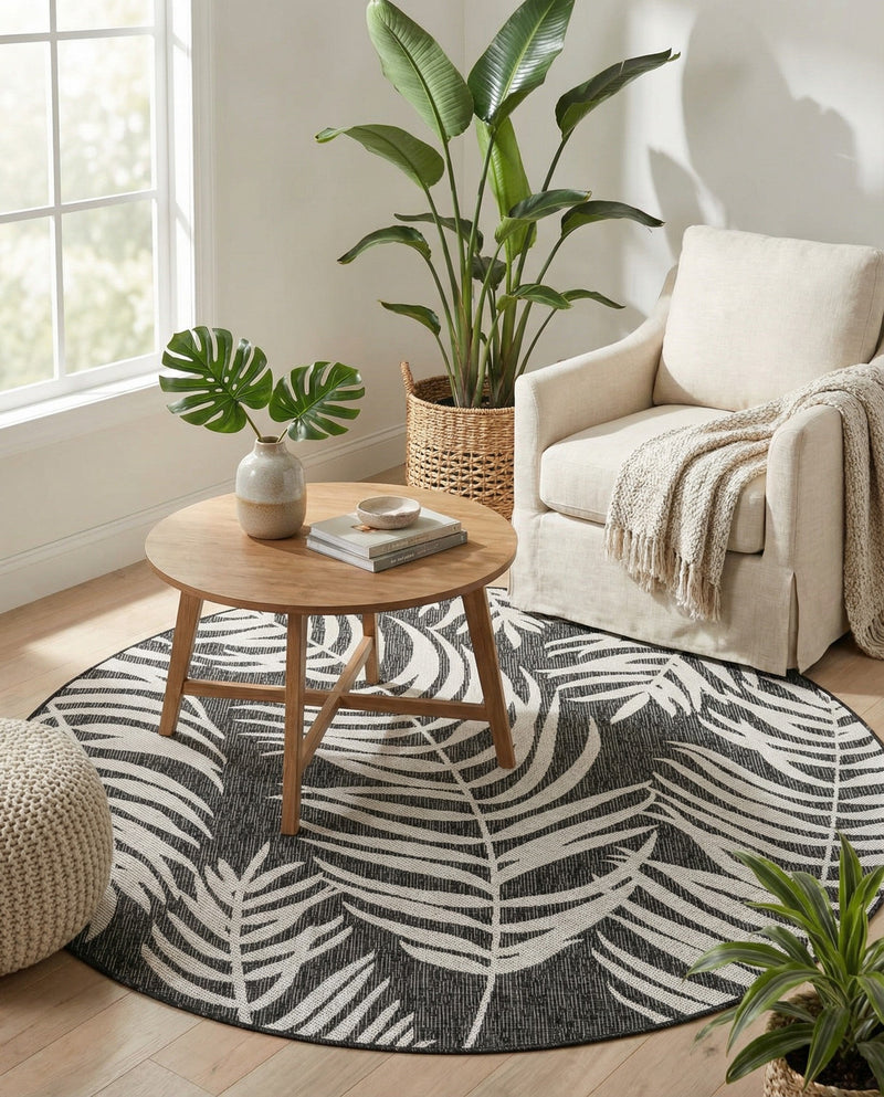 Seaside Blooms Collection Area Rug - Verdure (Charcoal) Round Charcoal  lifestyle 73