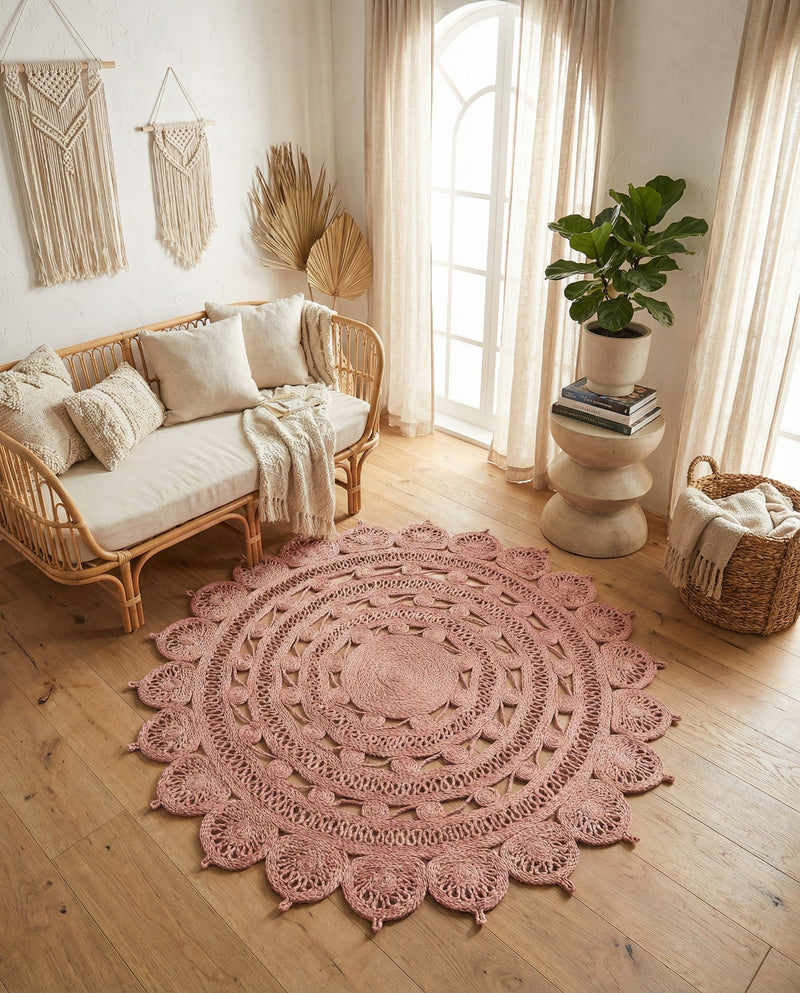 Woven Seaside Jute Collection Area Rug - Coastalhaven (Pink) Round Pink  lifestyle 28