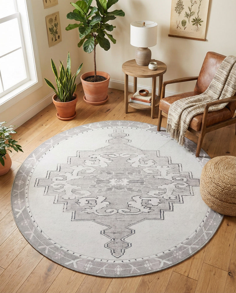 Heritage Elegance Collection Area Rug -  Winterthur (white Gray) Round white Gray  lifestyle 68