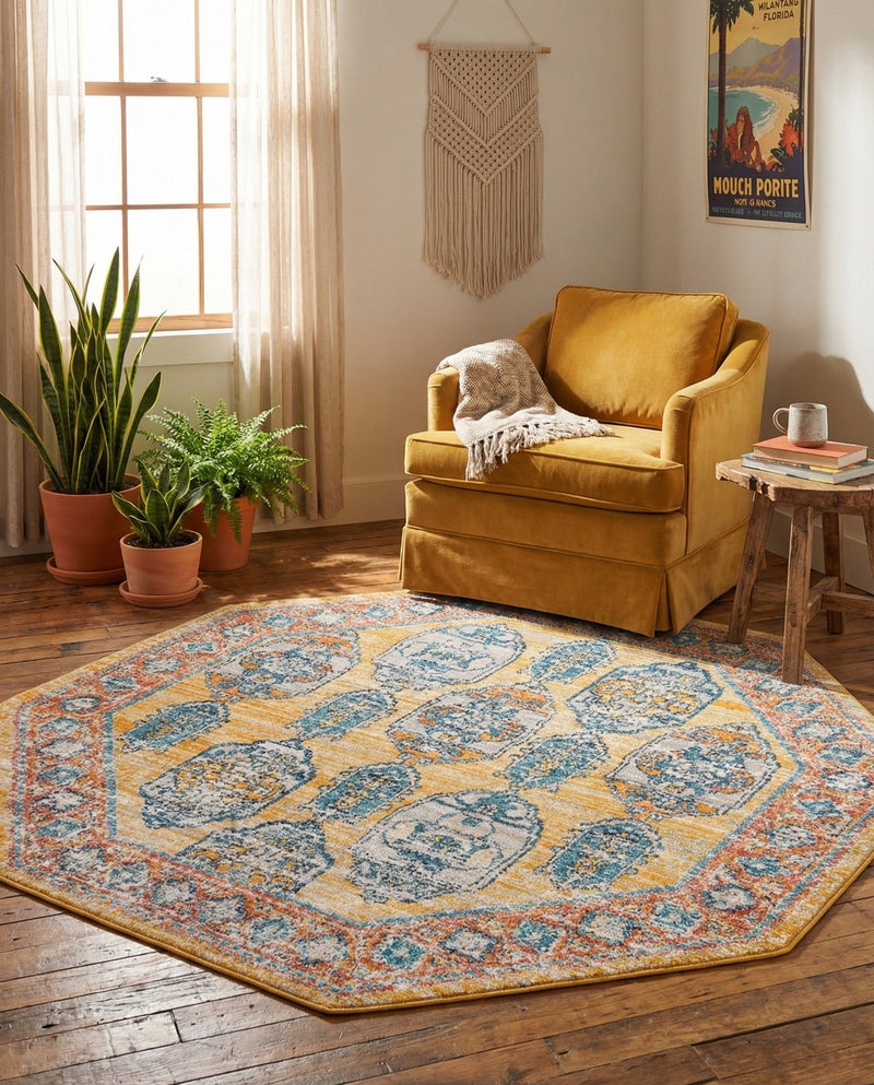 Seville Stripes Collection Area Rug -  Granada (Yellow) Octagon Yellow  lifestyle 51