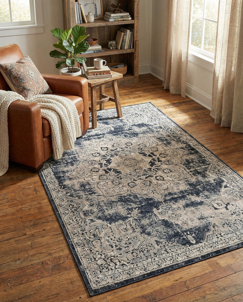 Coastal Manor Collection Area Rug -  Pelican Rectangle Navy Blue  lifestyle 57