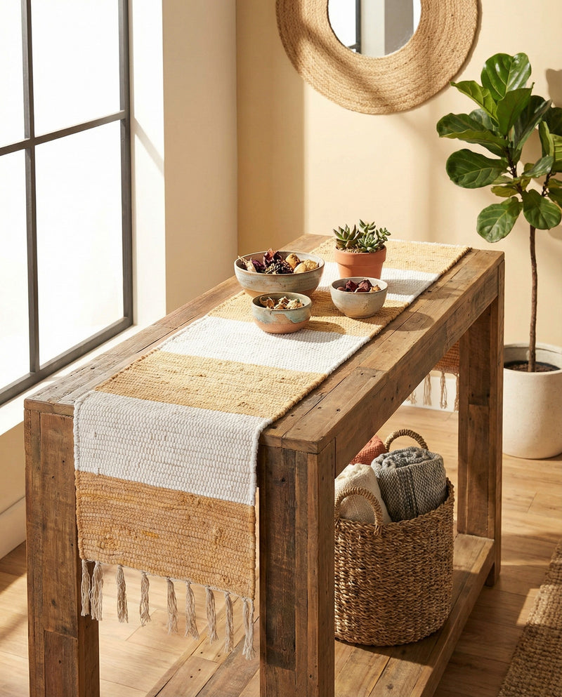 Tassel Trail Collection Area Rug - Pathway (Beige) Table Runner Beige  lifestyle 80
