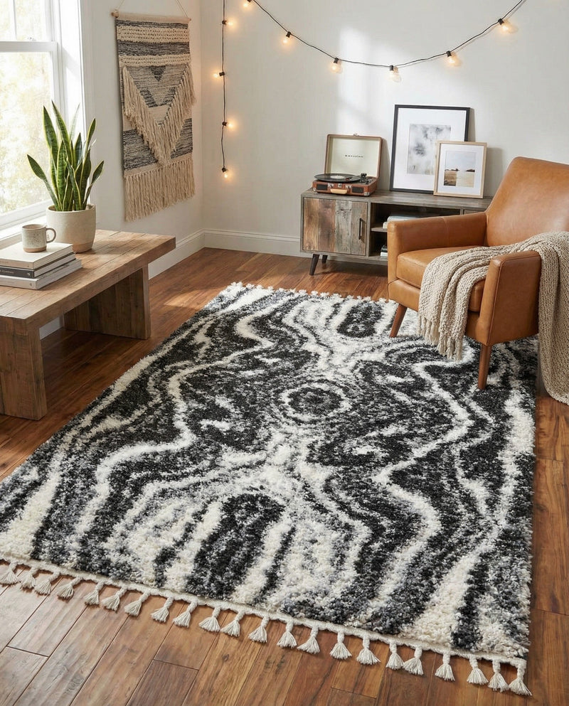 Cozy Cove Shag Collection Area Rug -  Seabreeze Rectangle Black and White  lifestyle 37