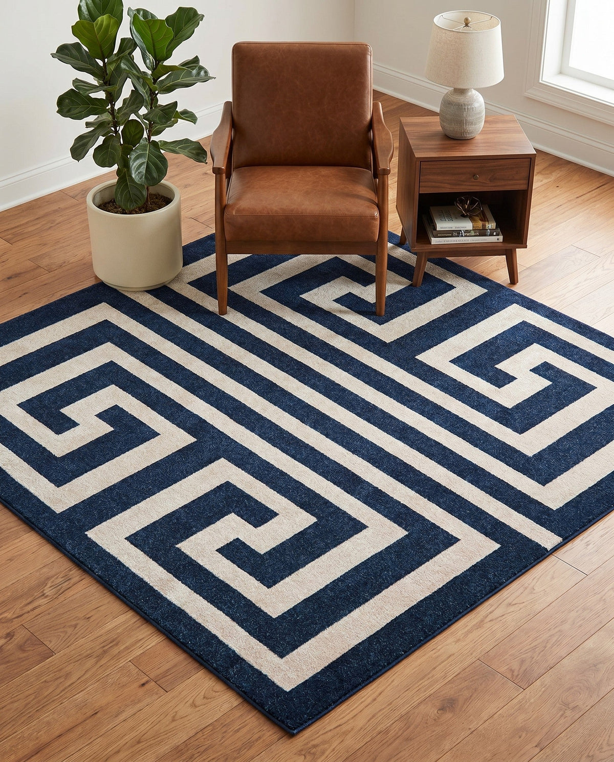 Aegean Labyrinth Collection Area Rug -  Mykonos Square Navy Blue  lifestyle 123