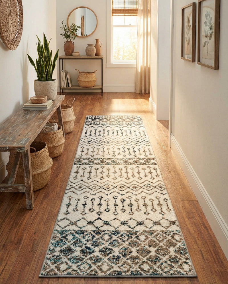 Mediterranean Lattice Collection Area Rug -  Casablanca (Ivory Gray Blue) Runner Ivory Gray Blue  lifestyle 79