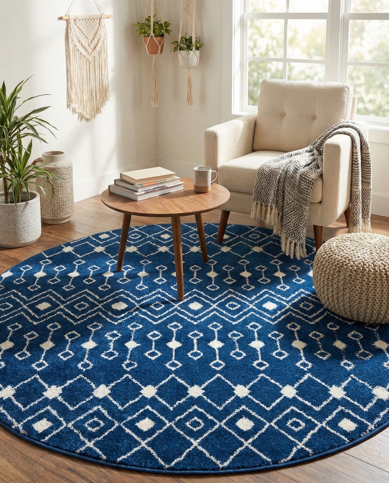 Mediterranean Lattice Collection Area Rug - Santorini (Navy Blue) Round Navy Blue  lifestyle 69