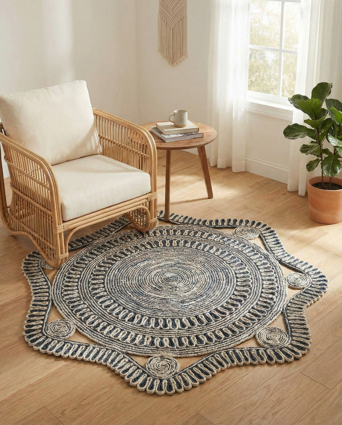 Woven Seaside Jute Collection Area Rug - Nantucket Round Navy and White  lifestyle 94