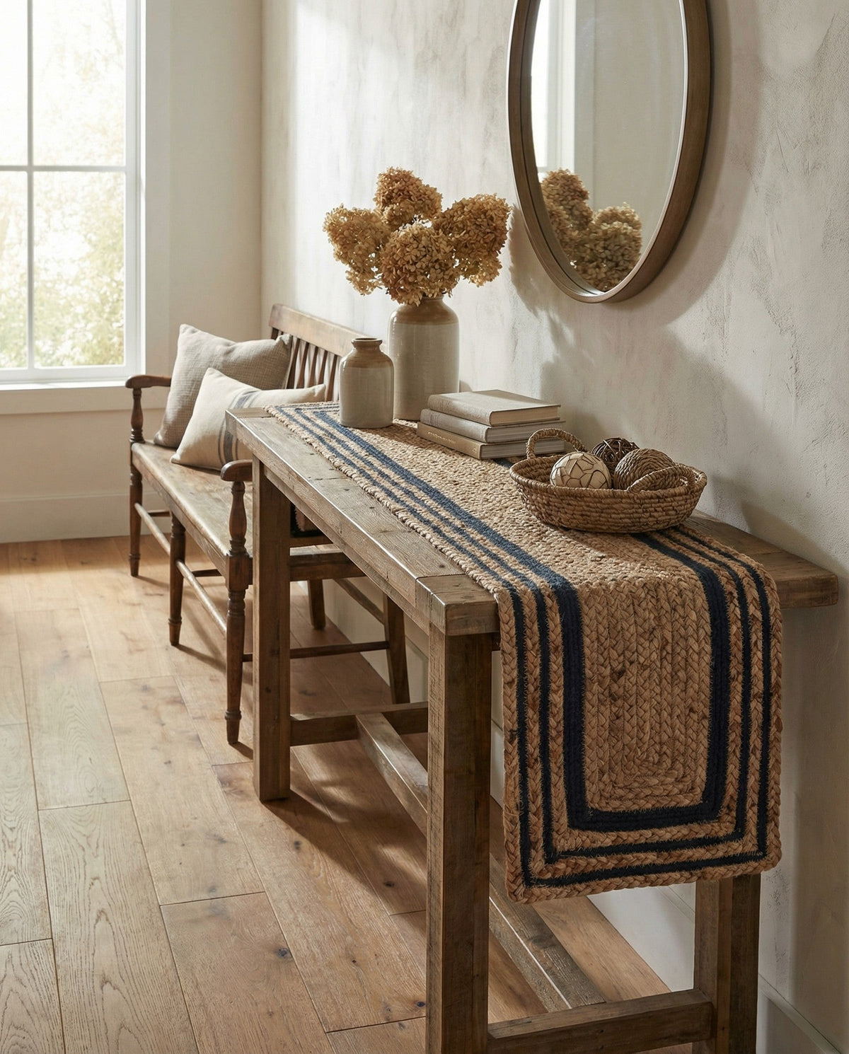 Woven Seaside Jute Collection Area Rug - Nantucket Table Runner Natural and Navy Blue  lifestyle 110