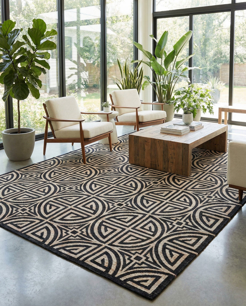 Savannah Threads Collection Area Rug -  Thar Rectangle Black and Ivory  lifestyle 45