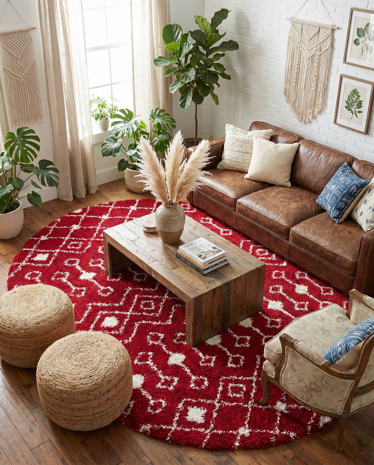 Berber Lattice Shag Collection Area Rug - Atlas (Burgundy Red) Oval Burgundy Red  lifestyle 70