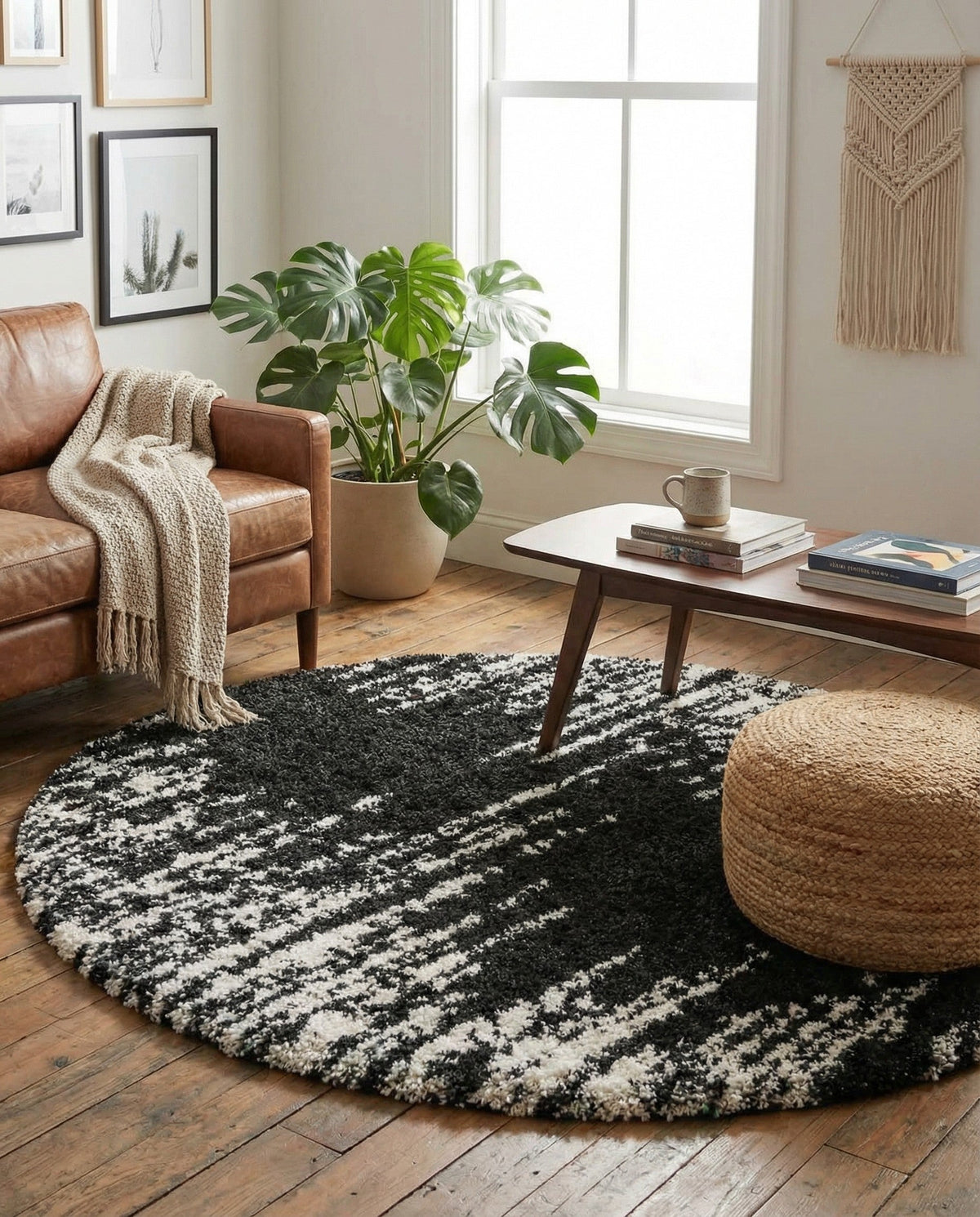 Tranquil Tides Shag Collection Area Rug - Marina Round Black and White  lifestyle 187