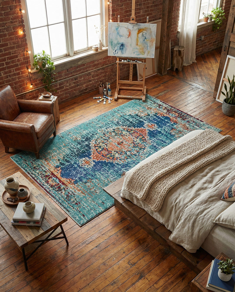 Venetian Tapestry Collection Area Rug -  Giudecca Rectangle Turquoise  lifestyle 34