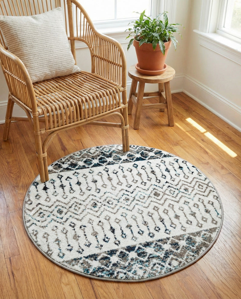 Mediterranean Lattice Collection Area Rug -  Casablanca (Ivory Gray Blue) Round Ivory Gray Blue  lifestyle 83