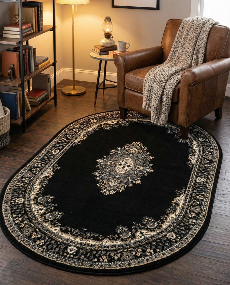 Tabriz Tapestry Collection Area Rug - Azerbaijan (Black) Oval Black  lifestyle 44